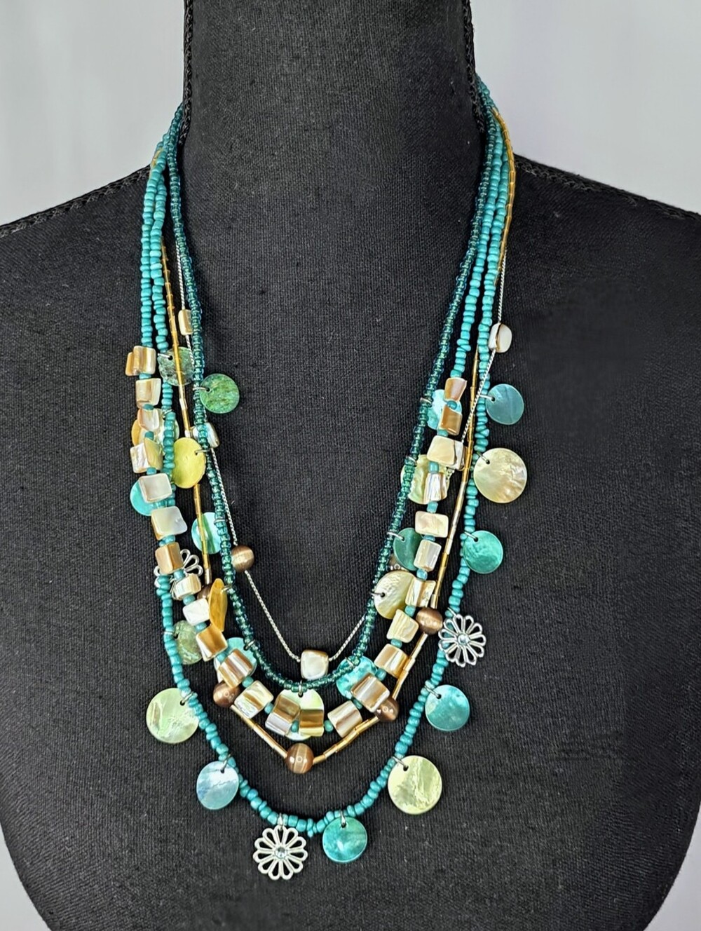 Boho Layered Turquoise Beaded Statement Necklace Multistrand Shell Necklace